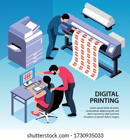 Digital printing isometric background with office staff working on copy and polygraph equipment  vector illustration