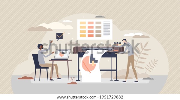 Digital printing method with plotter, and\
printout paper tiny person concept. Large format prints with\
desktop publishing and offset hardware vector illustration. Color\
paper press technology\
service.