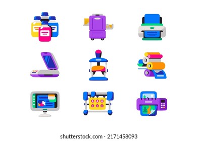 Digital Printing And Polygraph Colors Icons Set Vector Illustrations. Copy Center, Printing Service Or Publishing Design Flat Style Concept