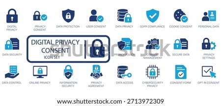Digital Privacy Consent Icon Set. Modern vector icons for data security, GDPR compliance, user consent, online privacy, information protection, and cybersecurity regulations.