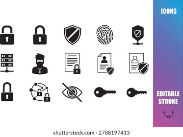 Digital Privacy Control and Anti Spyware Vector Icons Pack, Identity Access Management and Secure Key Credentials Line Art Set with Editable Stroke