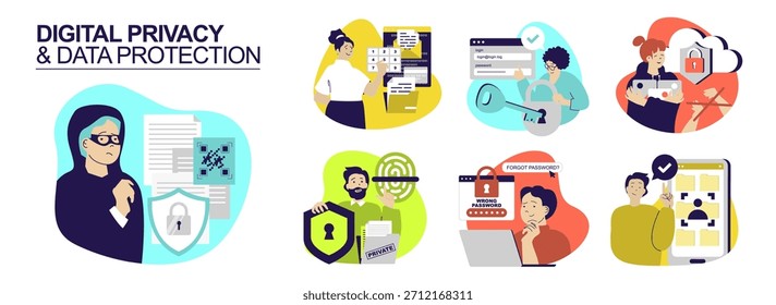 Conceito de privacidade digital e proteção de dados definido para design da Web. Coleta com pessoas que usam acesso de segurança com senhas, protegendo informações pessoais contra ataques de hackers. Ilustração vetorial.
