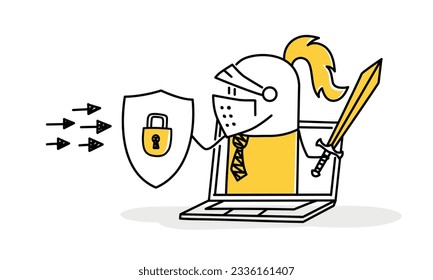 Digital privacy or encryption concept, cyber security protection for safety computer network. Stick figure. Doodle style. Vector illustration.