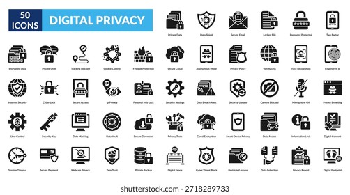 Conjunto de iconos de glifo de privacidad digital. Datos privados, protección de datos, correo electrónico seguro, archivos bloqueados, seguridad de Contraseña, autenticación de dos factores, identificación de huellas dactilares