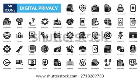 Digital Privacy Glyph Icon Set. Private Data, Data Protection, Secure Email, Locked Files, Password Security, Two Factor Authentication, Fingerprint Id