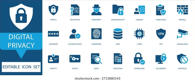 Conjunto de iconos de privacidad digital. Vectores de ciberseguridad, protección de datos, conformidad, cifrado, anonimato, VPN y tecnología de acceso seguro