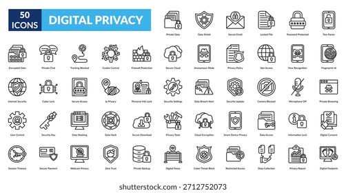 Conjunto de iconos de línea de privacidad digital. Datos privados, protección de datos, correo electrónico seguro, archivos bloqueados, seguridad de Contraseña, autenticación de dos factores, identificación de huellas dactilares