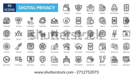 Digital Privacy Line Icon Set. Private Data, Data Protection, Secure Email, Locked Files, Password Security, Two Factor Authentication, Fingerprint Id
