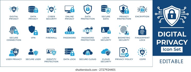 Conjunto de iconos de privacidad digital y seguridad en línea con protección de datos, VPN, cumplimiento del RGPD, seguridad biométrica, cifrado, firewall, conexión segura y símbolos de privacidad del usuario.