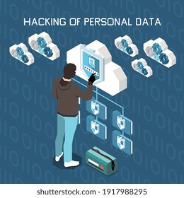 Protección de datos personales de privacidad digital composición isométrica con texto editable e iconos de contacto de hackers de la ilustración del vector de nube
