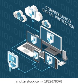 Digital privacy personal data protection isometric composition with flowchart of computers gadgets and clouds with text vector illustration
