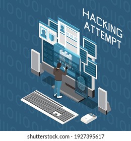 Digital privacy personal data protection isometric composition with editable text and desktop computer with multiple windows vector illustration