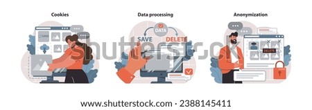 Digital privacy set. Online data security actions. User interaction with cookies, data storage decisions, personal information protection. Secure browsing practices. Flat vector illustration.