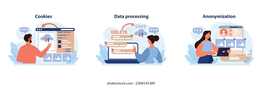 Sistema de privacidad digital. Los profesionales navegan por los conceptos de datos en línea. Administrar cookies de sitios web, supervisar el procesamiento de datos, garantizar el anonimato de los datos de los usuarios. Medidas de seguridad en línea activas. Vector plano