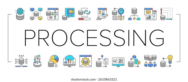 Digital Processing Collection Icons Set Vector. File Compression And Visualization, Download And Upload File Digital Processing Concept Linear Pictograms. Contour Color Illustrations