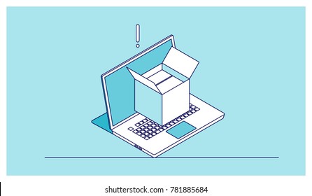 Digital product activation concept, mail delivery notification, laptop with open cardboard box isometric outline icon