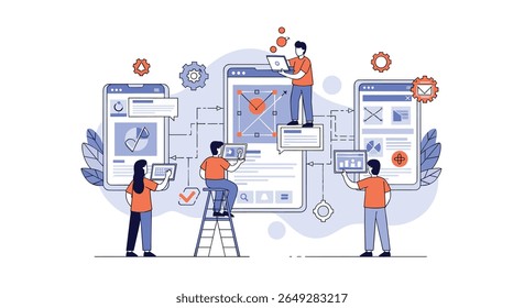 Equipe de desenvolvimento de produtos digitais colaborando em soluções criativas de design de Web e engenharia de interface de usuário
