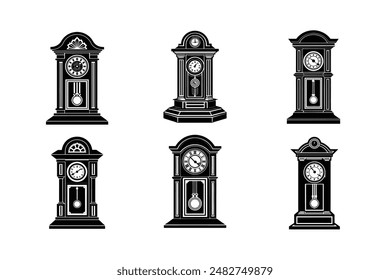 El producto digital cuenta con un gráfico de Vector meticulosamente diseñado de un reloj abuelo negro clásico. 