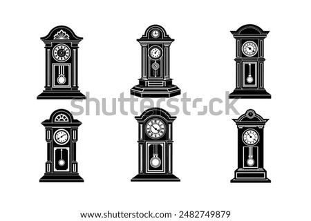 digital product features a meticulously designed vector graphic of a classic black grandfather clock. 