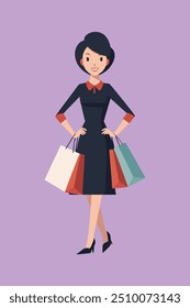 A digital product or graphic design file featuring a cheerful young lady holding several shopping bags on Black Friday, exuding excitement and enthusiasm for holiday shopping deals.