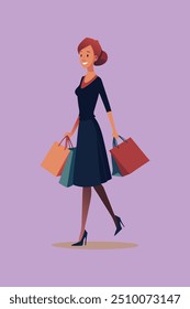 A digital product or graphic design file featuring a cheerful young lady holding several shopping bags on Black Friday, exuding excitement and enthusiasm for holiday shopping deals.