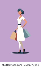 A digital product or graphic design file featuring a cheerful young lady holding several shopping bags on Black Friday, exuding excitement and enthusiasm for holiday shopping deals.