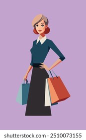 A digital product or graphic design file featuring a cheerful young lady holding several shopping bags on Black Friday, exuding excitement and enthusiasm for holiday shopping deals.