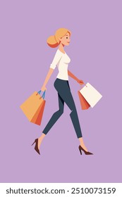 A digital product or graphic design file featuring a cheerful young lady holding several shopping bags on Black Friday, exuding excitement and enthusiasm for holiday shopping deals.