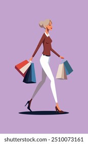 A digital product or graphic design file featuring a cheerful young lady holding several shopping bags on Black Friday, exuding excitement and enthusiasm for holiday shopping deals.