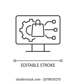 Digital product management linear icon. Product life cycle development. Testing effectiveness. Thin line customizable illustration. Contour symbol. Vector isolated outline drawing. Editable stroke