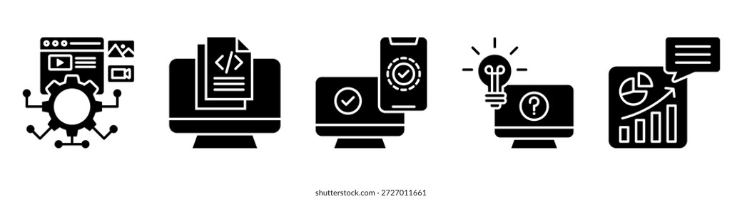 colección Vector de conjunto de iconos de producción digital, para el concepto de desarrollo de contenido con iconos de contenido digital, programación, protección, resolución de problemas técnicos, análisis