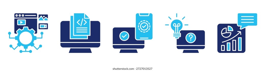 colección Vector de conjunto de iconos de producción digital, para el concepto de desarrollo de contenido con iconos de contenido digital, programación, protección, resolución de problemas técnicos, análisis