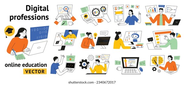 Digital professions online course, IT distant education, people study coding and machine learning, collection of vector illustrations with students and teachers in information technology