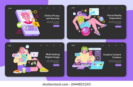 Digital Proficiency Series set. Dynamic visuals of online privacy, VR adventures, multitasking with tech, and creative content generation. Celebrating digital fluency. Vector illustration