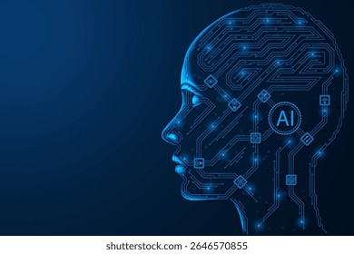 The digital profile of artificial intelligence. A central processor connecting chips and circuit tracks simulating electronic connections. Synthesis of thinking and synthetic intelligence.