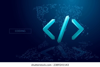 Digital program code icon on dark world map background with reflection on the mirror floor. Java or html symbol. Vector illustration in futuristic light blue style for creating websites and software.
