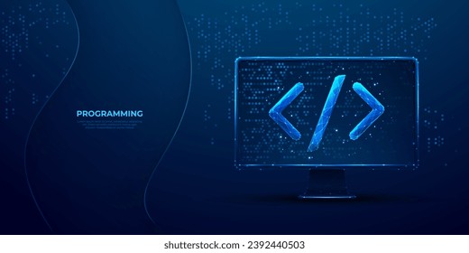 Digital programming code on the computer monitor screen. Abstract software or web development concept on dark blue technology background. Develop of application. Low poly wireframe vector illustration