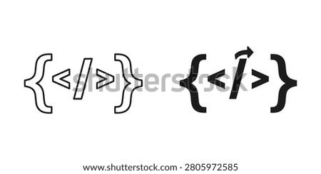 Digital programming symbols in outline and filled versions representing code development and innovation. Useful for technology blogs web design.
