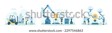 Digital project creation set vector illustration. Cartoon tiny people create products with help of robots and data cloud, construct bright light bulb with futuristic equipment, carry lamps on forklift