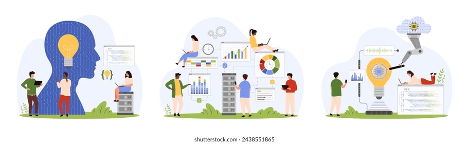 Digital project development and analysis, data optimization set. Tiny people monitor charts on dashboard, research bright light bulb with magnifying glass and cloud service cartoon vector illustration