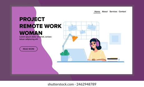 digital project remote work woman vector. technology flexible, schedule entrepreneur, virtual communication digital project remote work woman web flat cartoon illustration