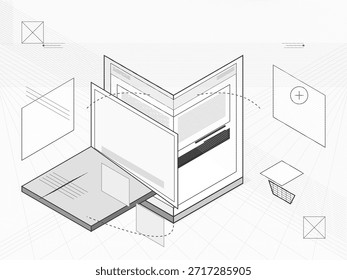 A digital project showcases modern design concepts. Various layout elements surround the main focus, illustrating user interface options and interaction designs.