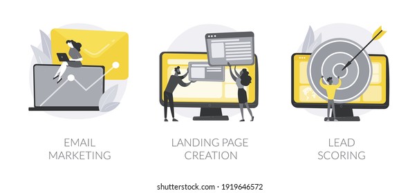 Digital promo campaign abstract concept vector illustration set. Email marketing, landing page creation, lead scoring, design template, newsletter, statistics software abstract metaphor.