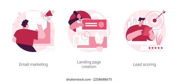 Digital promo campaign abstract concept vector illustration set. Email marketing, landing page creation, lead scoring, design template, newsletter, statistics software abstract metaphor.