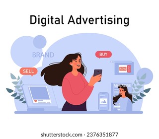 Digital promotion. Brand advertisement campaign. Communication with a customer through the social networks. Character with loudspeaker. Flat vector illustration