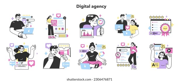 Digital promotion set. Social media blog, website or brand advertisement campaign development. SEO optimization. Business and market analysis for content strategy. Flat vector illustration
