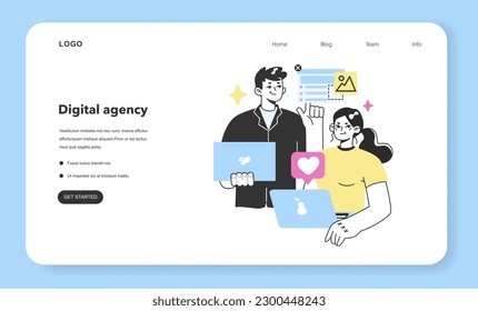Digital promotion web banner or landing page. Social media blog, website or brand advertisement campaign. Content strategy or plan development. Desing and copywriting. Flat vector illustration