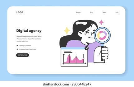 Digital promotion web banner or landing page. SMM, website or brand advertisement campaign development. Market analysis for content strategy building. Targeting optimization. Flat vector illustration