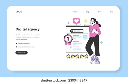 Digital promotion web banner or landing page. SMM, website or brand advertisement SEO optimization. Business campaign development. Click and traffic in browser search. Flat vector illustration