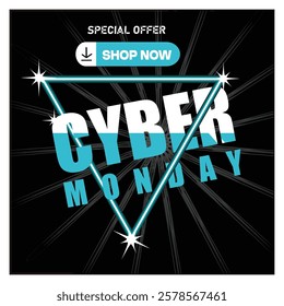 Digital promotional graphics for Cyber ​​Monday feature a striking neon triangle design and bold typography, inspiring excitement for online shopping and holiday deals. 